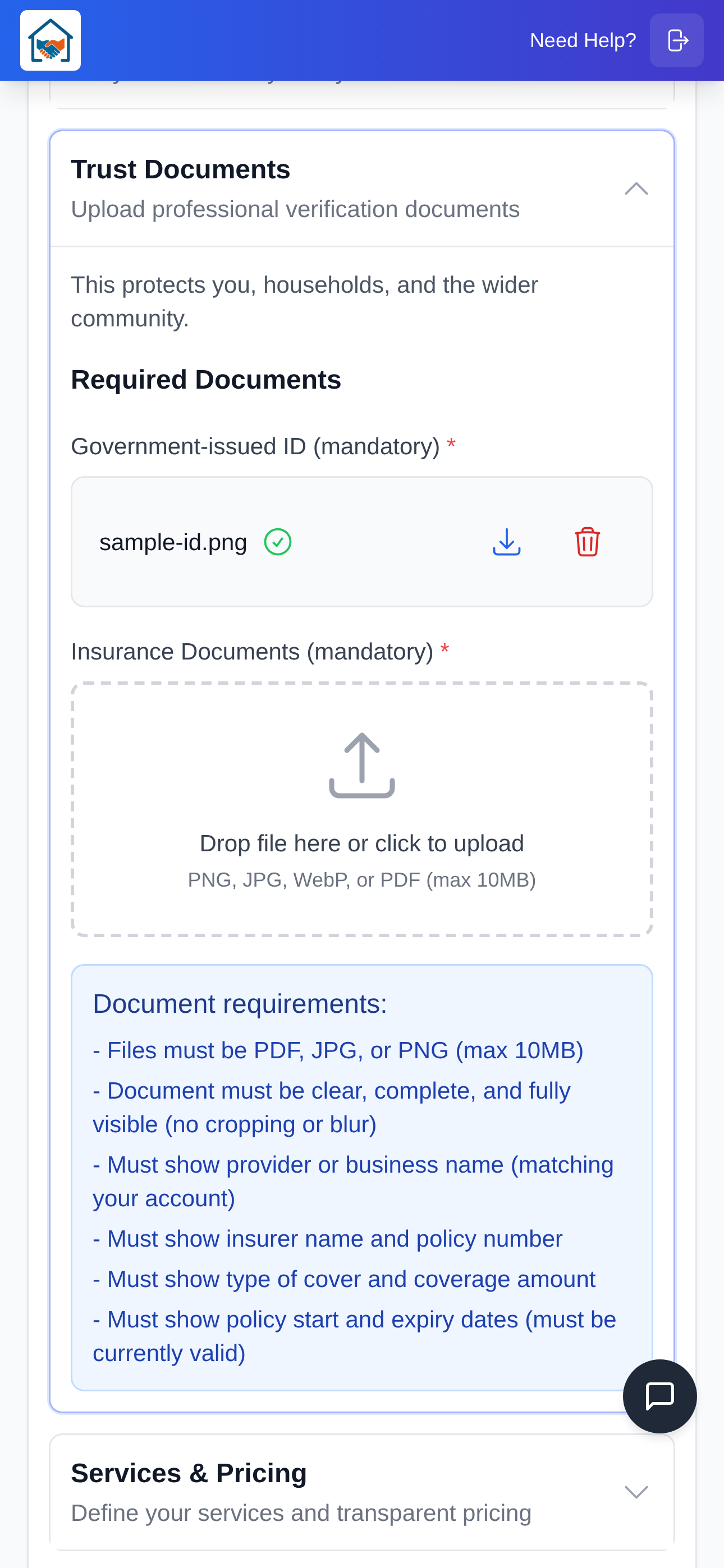Upload ID, insurance & qualifications
